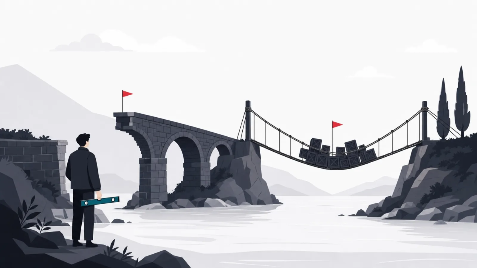 Two bridges over one river, a stone bridge missing its first arch and a rope bridge sagging under unattended crates, both flagged