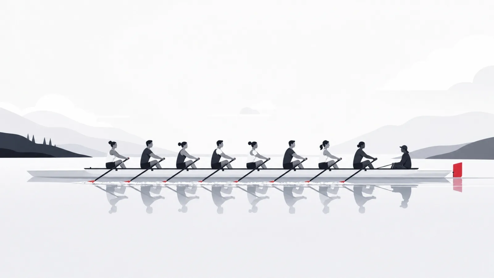 A rowing shell crewed by figures in two shades rowing in perfect sync, steered by a cox holding the rudder