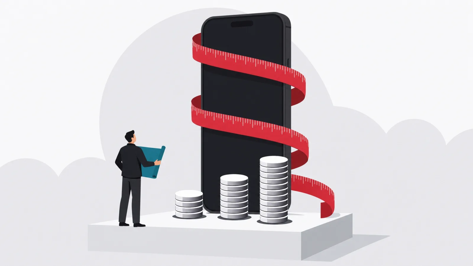 A monument-sized phone wrapped in a measuring tape beside three coin stacks of different heights and a figure comparing them