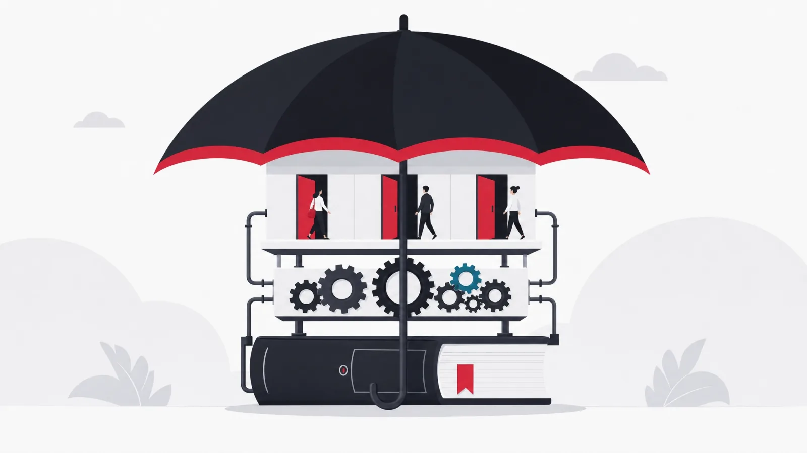 A large umbrella sheltering a three-story machine of a ledger block, meshing gears and bright doorways with figures entering