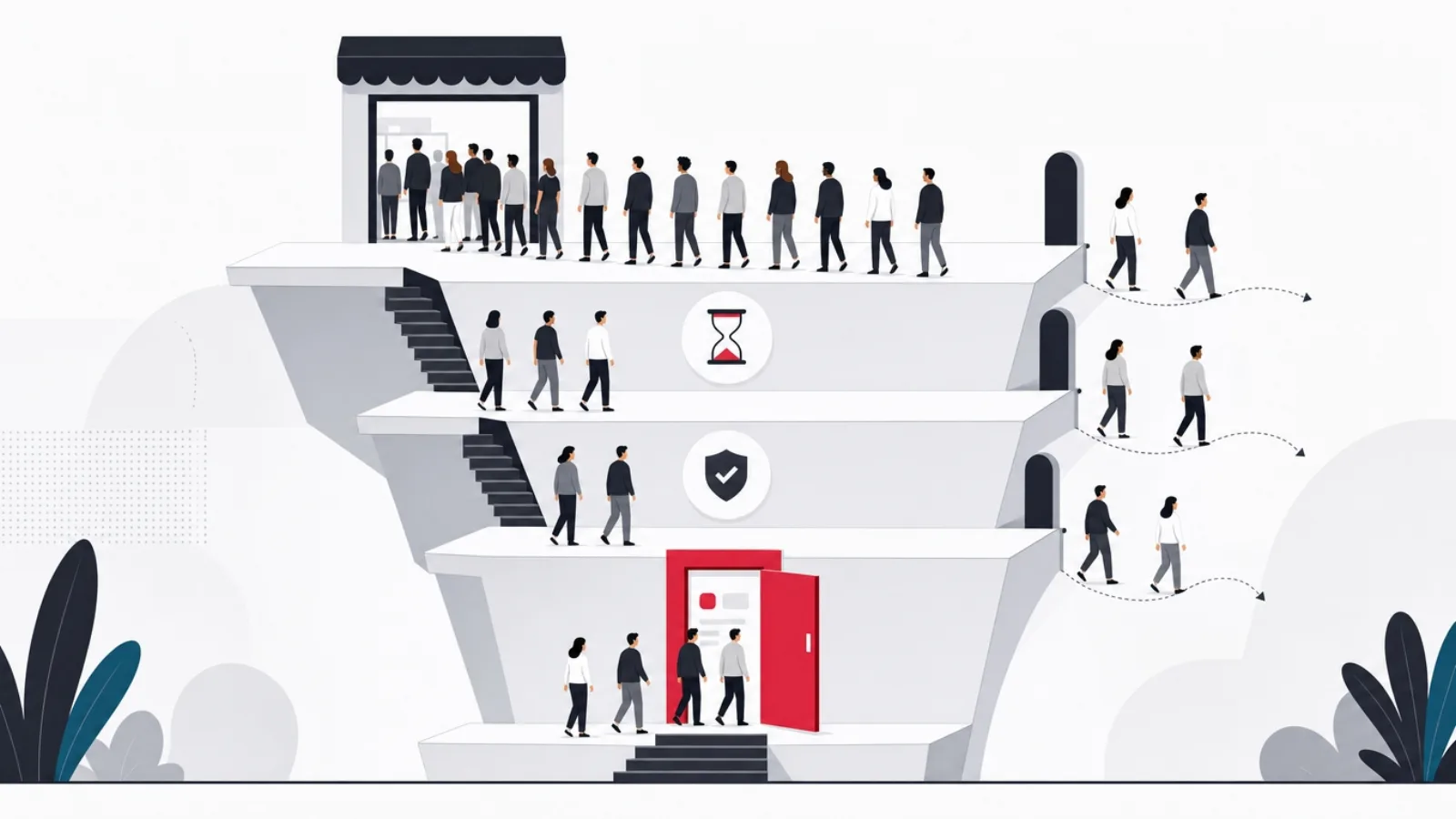 A crowd thinning down a staircase of steps marked by a store door, an hourglass and a checkpoint, few reaching the final doorway