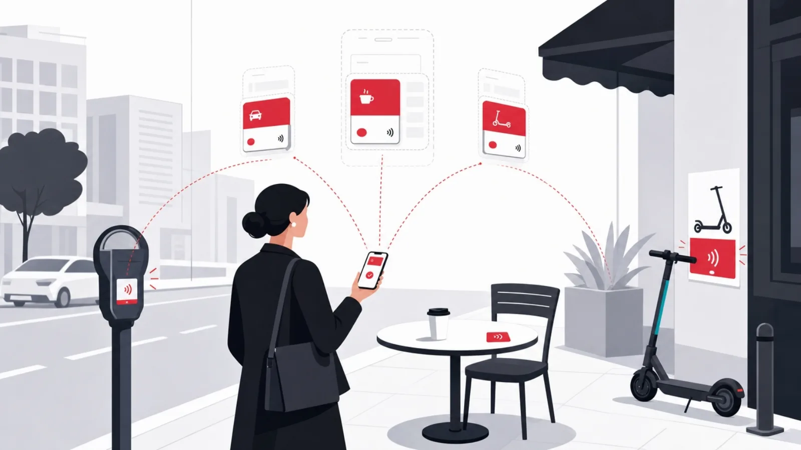 A phone summoning a small card-sized app slice from plaques on a meter, table and poster, the slice cut from a ghosted larger app