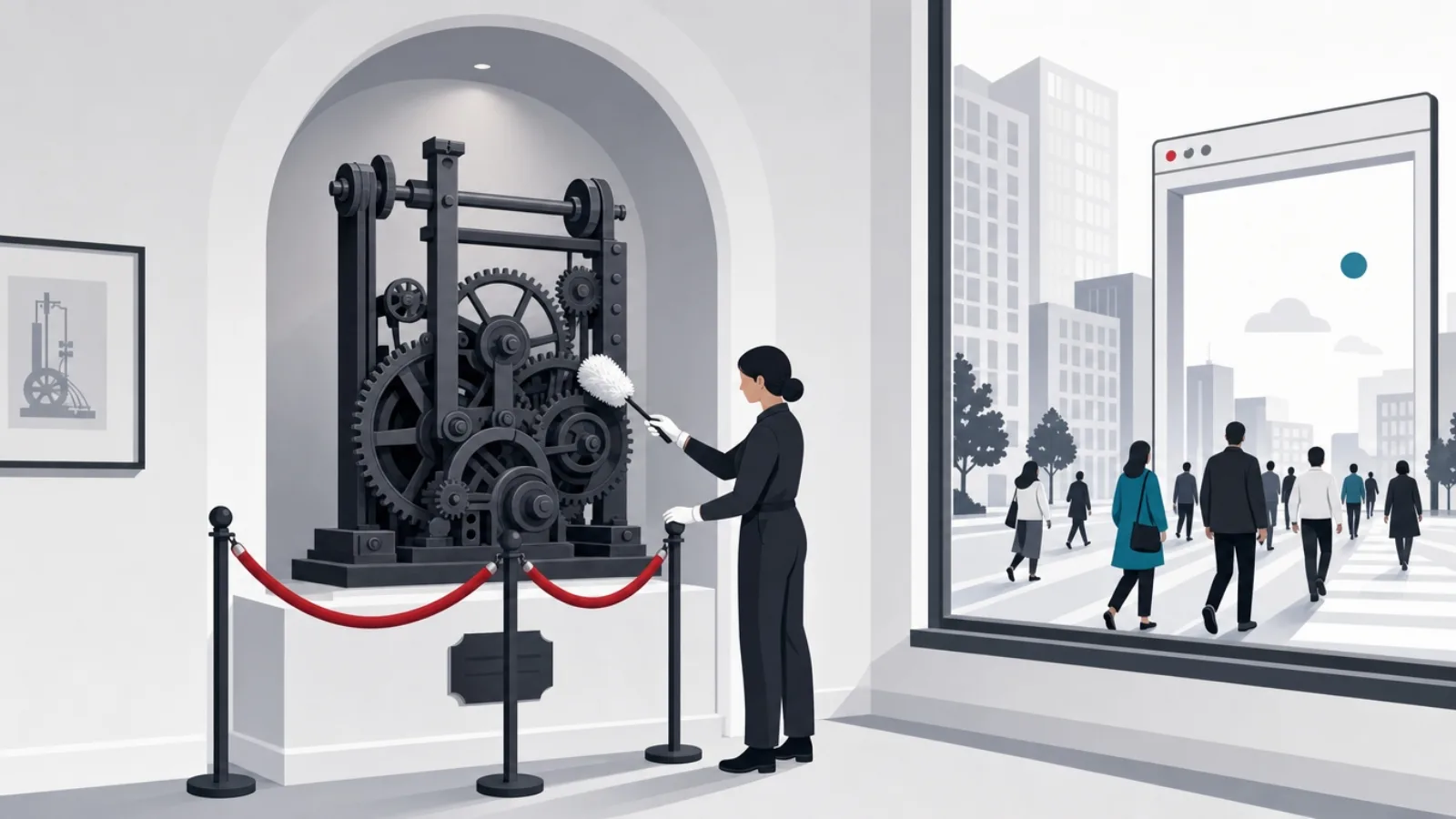 A once-grand mechanical door mechanism displayed motionless behind a velvet rope while foot traffic outside flows elsewhere