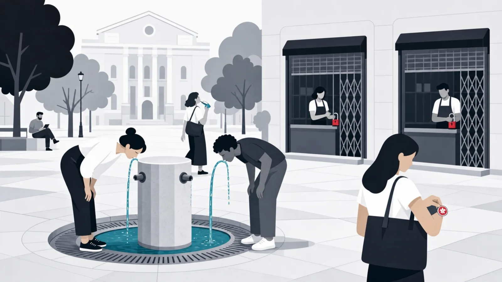 A public fountain built into a square's paving where figures drink freely without gates while gated kiosks stand behind