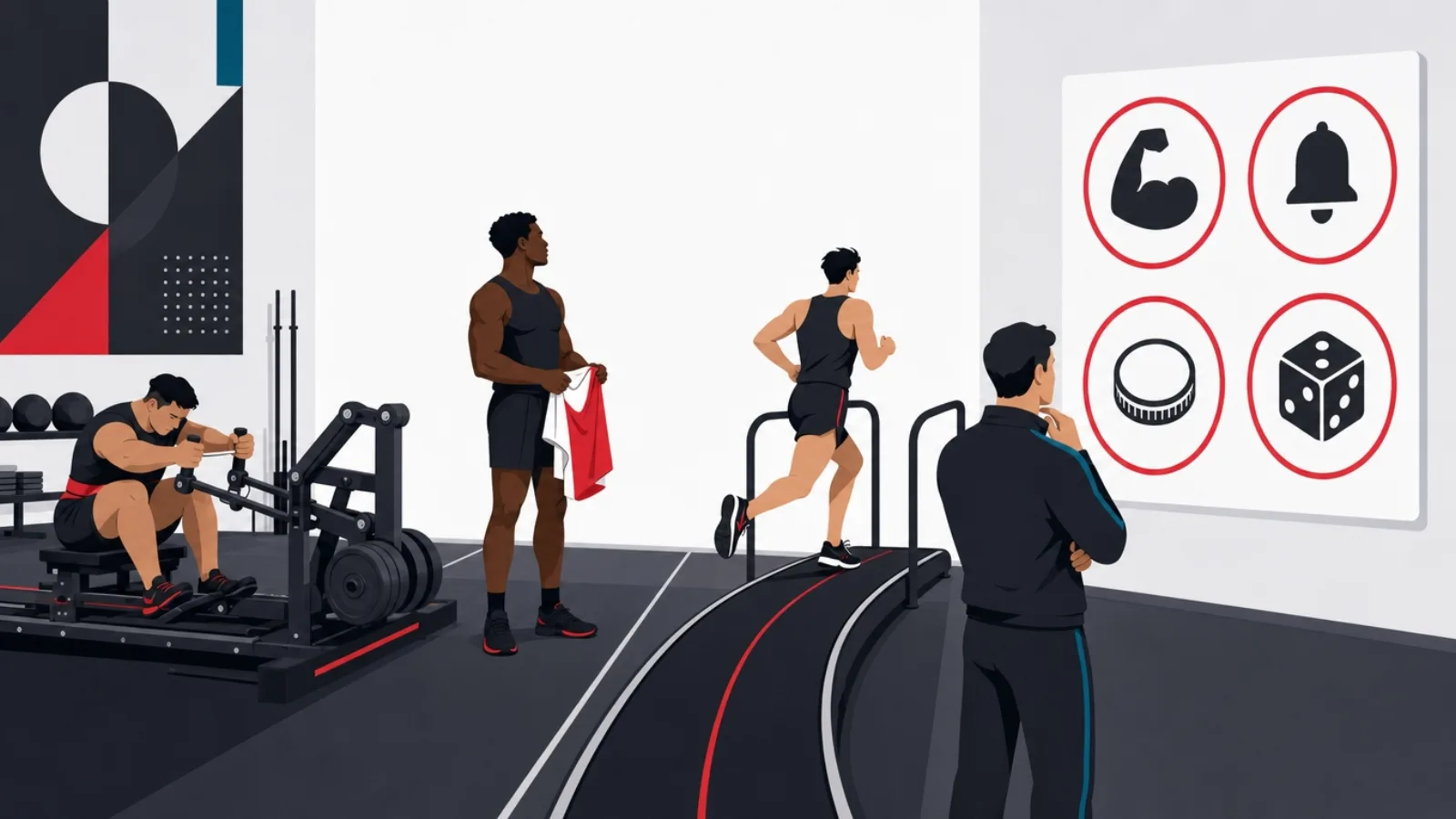 Three differently built athletes on identical apparatus compared by a coach at a four-ring symbol board