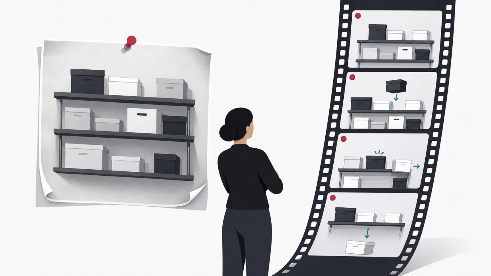 A faded pinned photo of shelves contrasted with a flowing film strip of the same shelves changing frame by frame