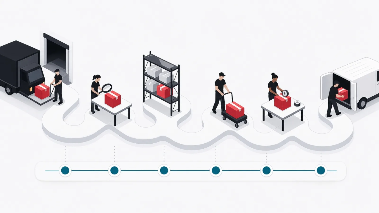 A winding board-game path following one box through dock, inspection, shelf, cart, packing, and van, with a parallel ledger strip