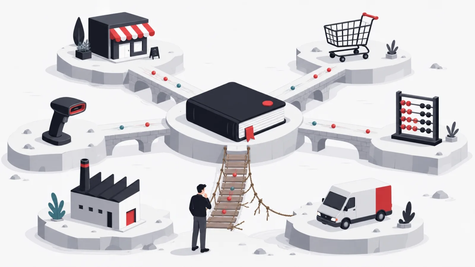 A central ledger hub connected by bridges to storefront, cart, accounting, delivery, factory, and scanner islands, one bridge fraying