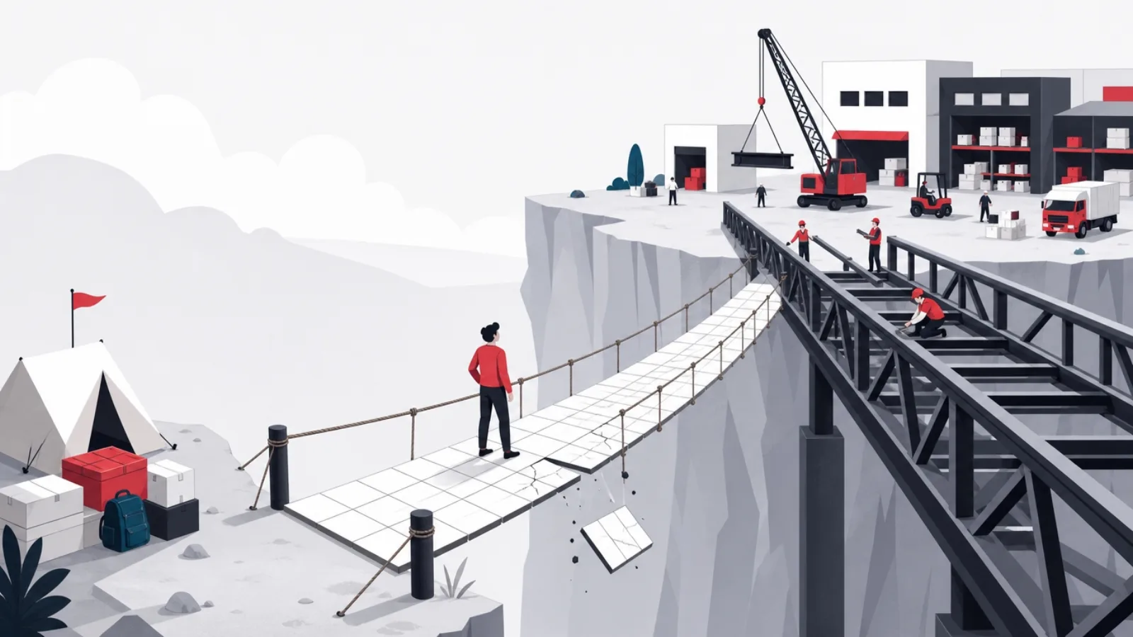 A cracking footbridge of grid planks over a canyon between a small camp and a large operation, a steel bridge rising alongside