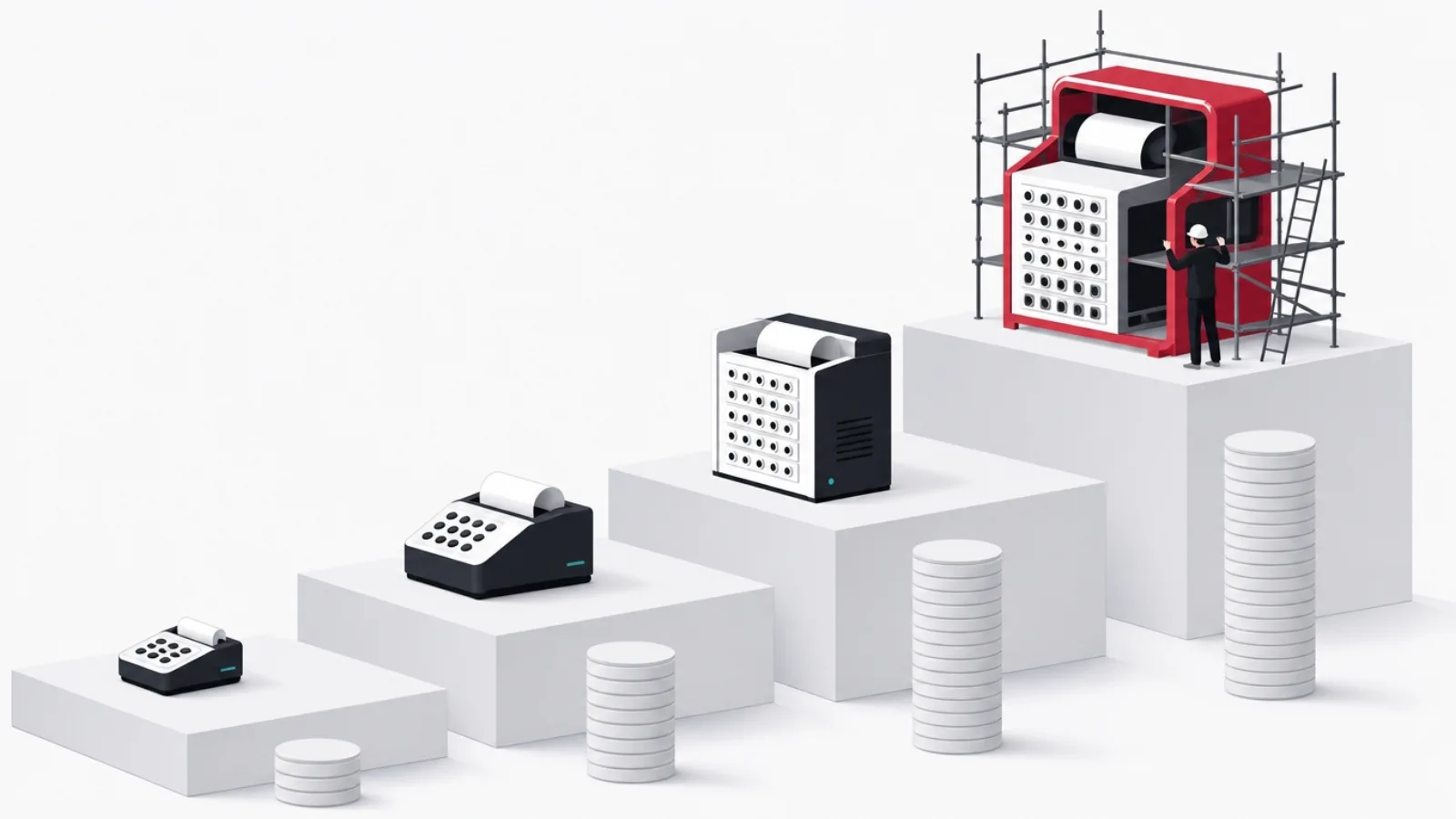 Four ascending platforms with ever larger ledger machines and taller plain coin stacks, the top machine under construction