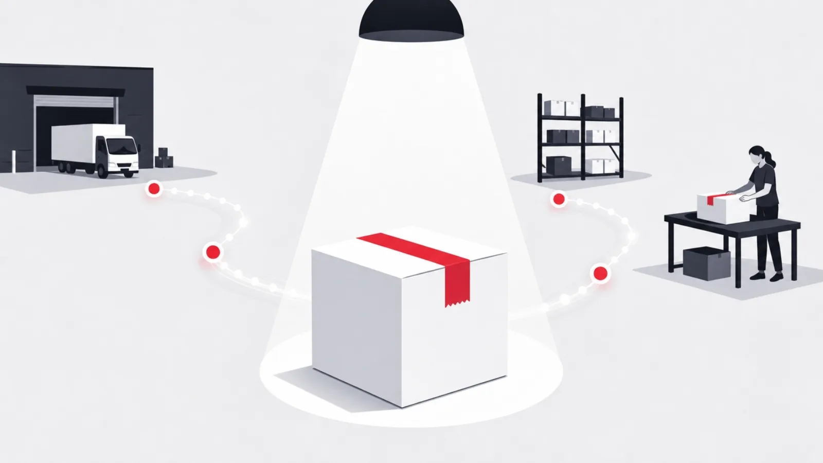 A warehouse box under a spotlight trailing a comet tail of ledger entry dots through dock, shelf, and packing stations