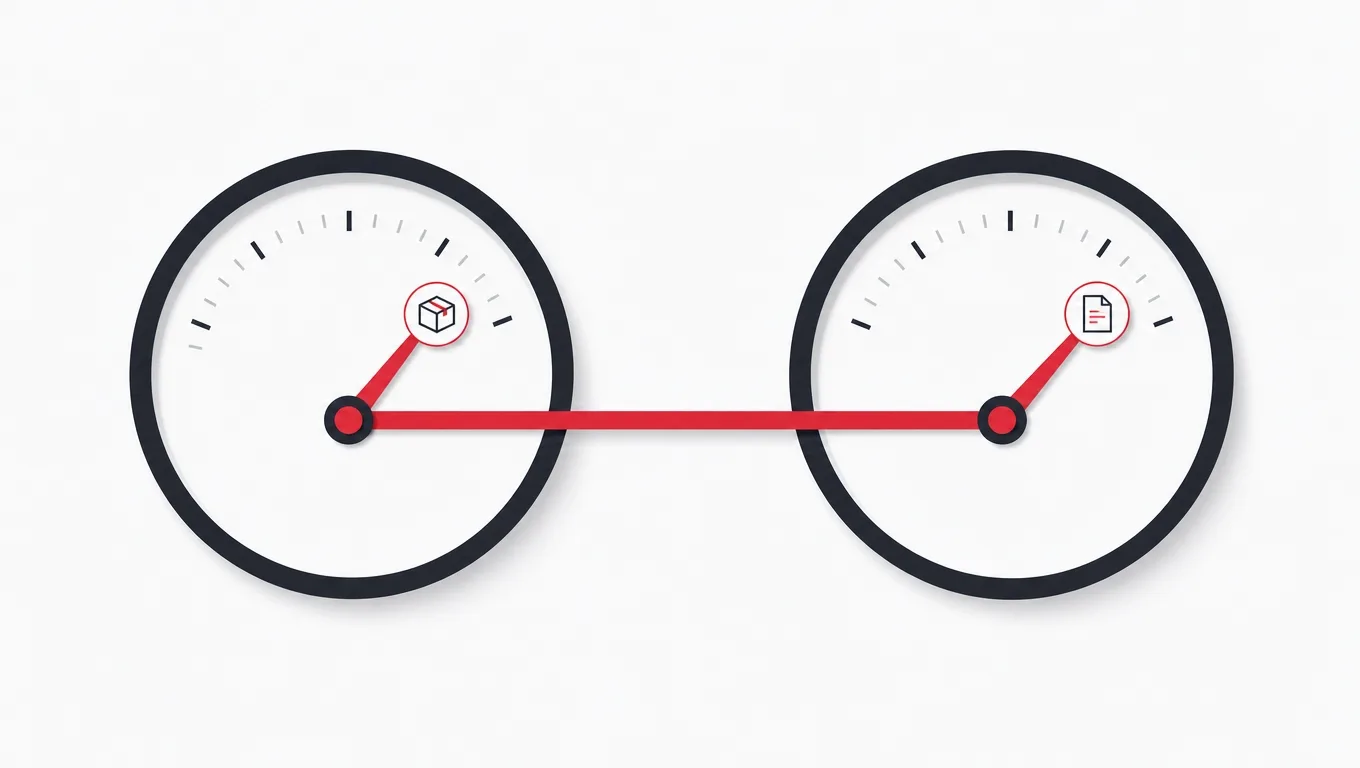 Two quantity dials, one over physical boxes and one over a ledger, linked by a red synchronizing rod