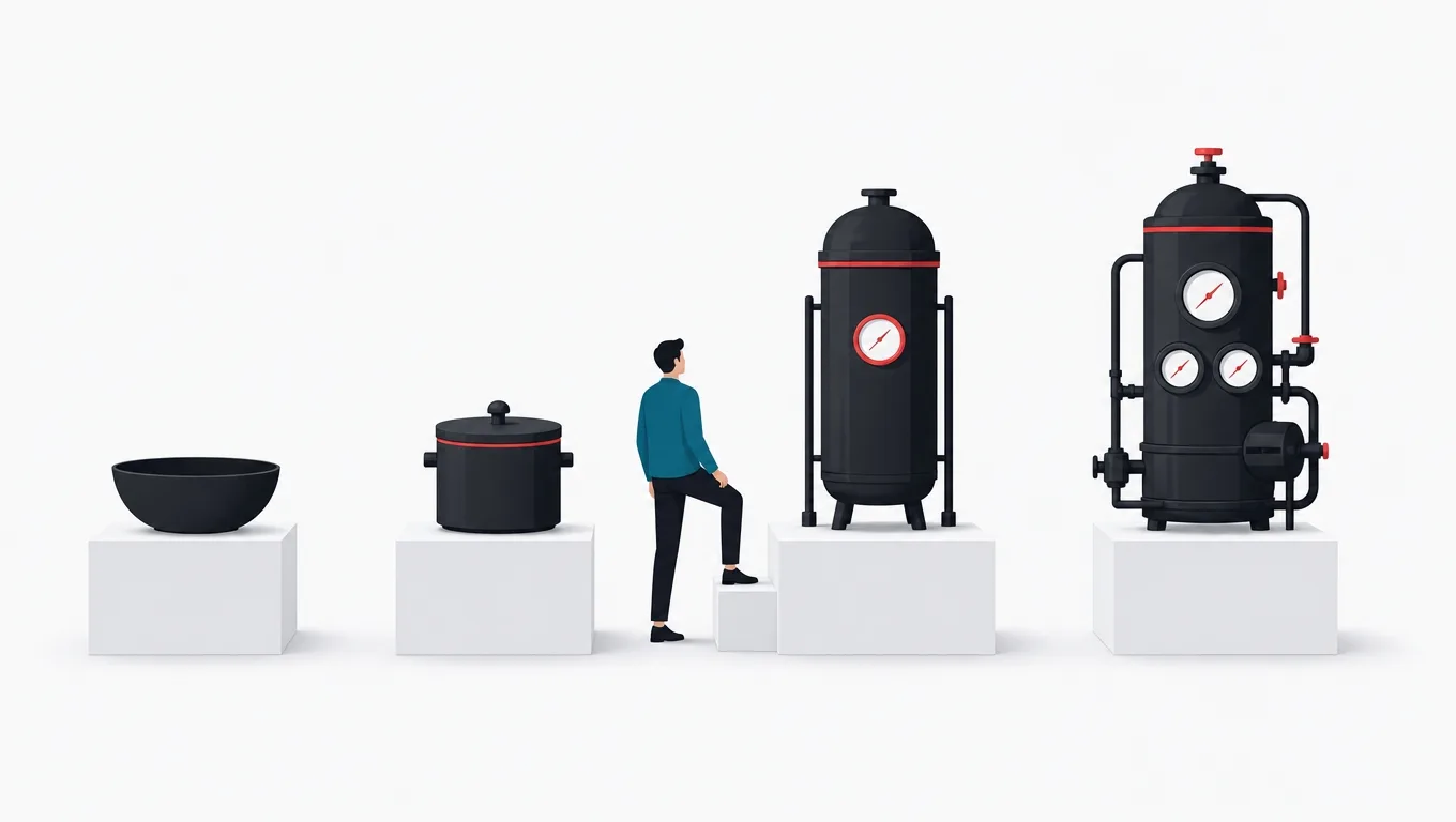 Four inventory systems of increasing sophistication on pedestals, a buyer stepping carefully from second to third