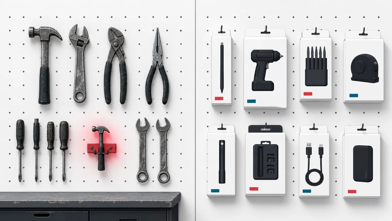 A pegboard of worn everyday tools beside pristine packaged gadgets hung out of reach
