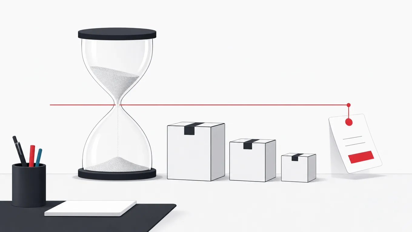 An hourglass with a red trigger line tipping an order card, an unused crystal ball behind