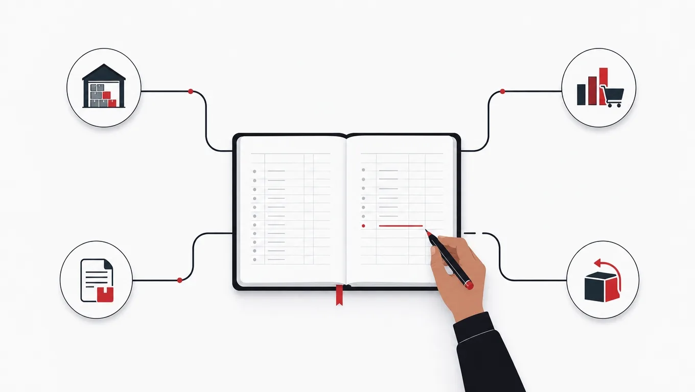 A ledger fed by pneumatic tubes from four systems, one broken tube forcing hand entry
