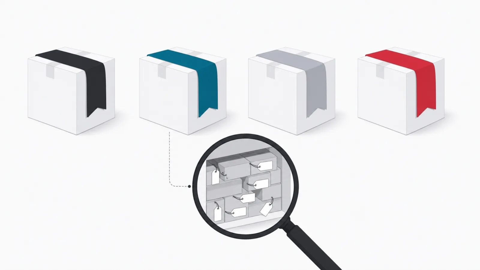 The same box shown four times with different colored sashes, a magnifier revealing tiny item tags beneath