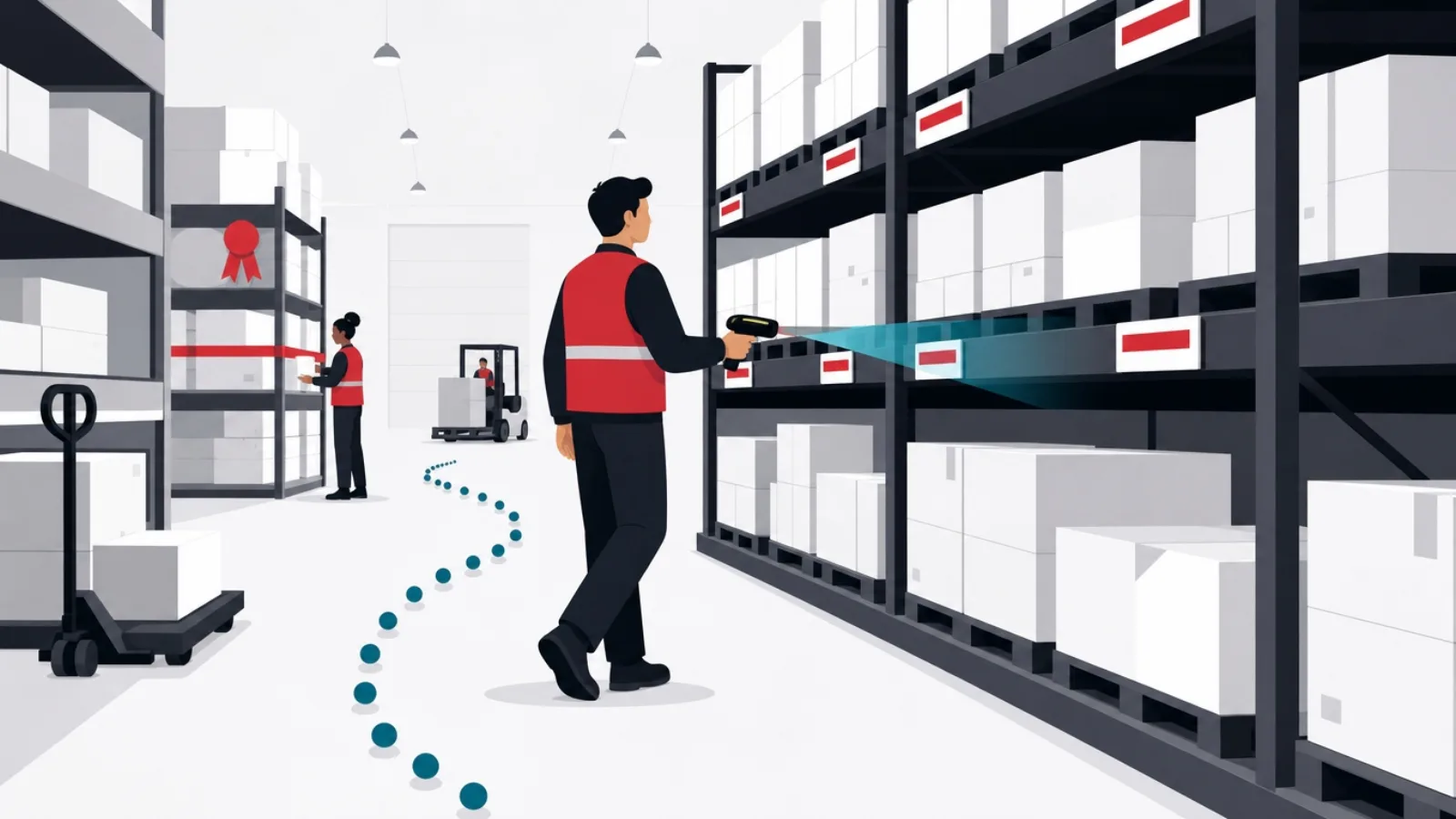 A worker scanning shelf stripes with a teal beam leaving a trail of entry dots, another counting one ribboned section