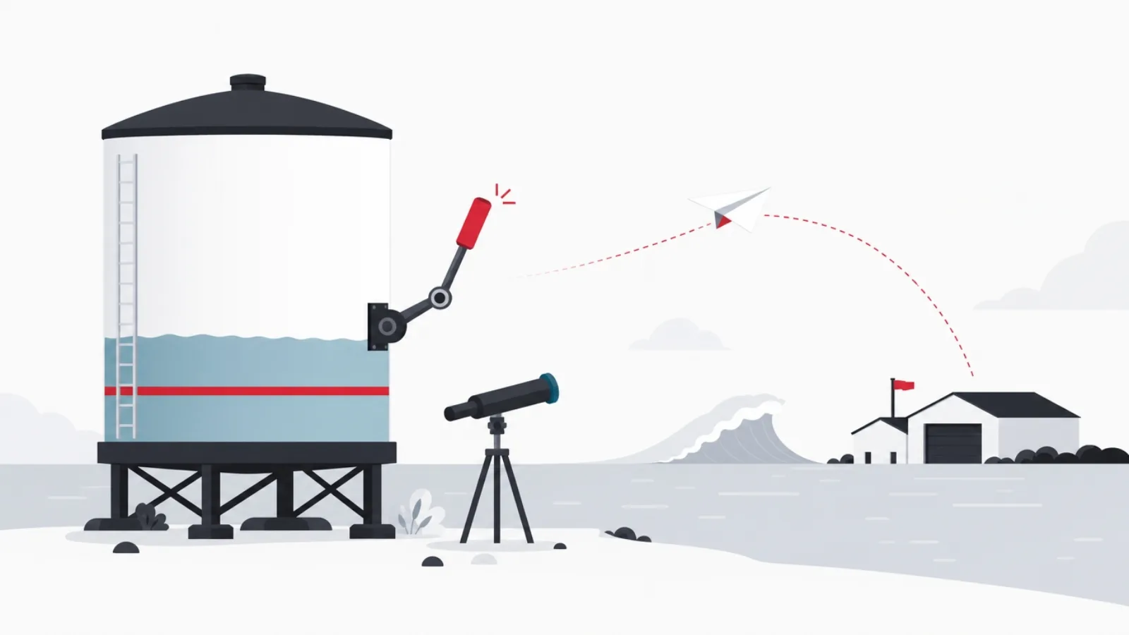 A draining tank triggering a lever at a crimson band, launching a paper airplane order, with a telescope watching a distant wave
