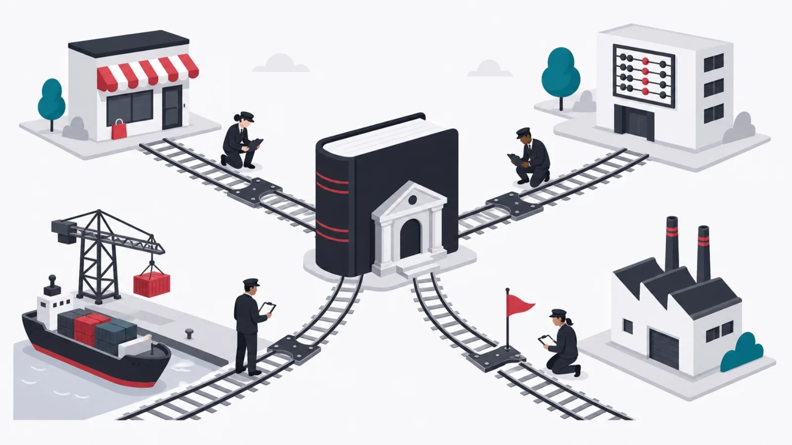 A ledger-shaped station with four rail lines to storefront, accounting, port, and factory, inspectors flagging one misaligned joint