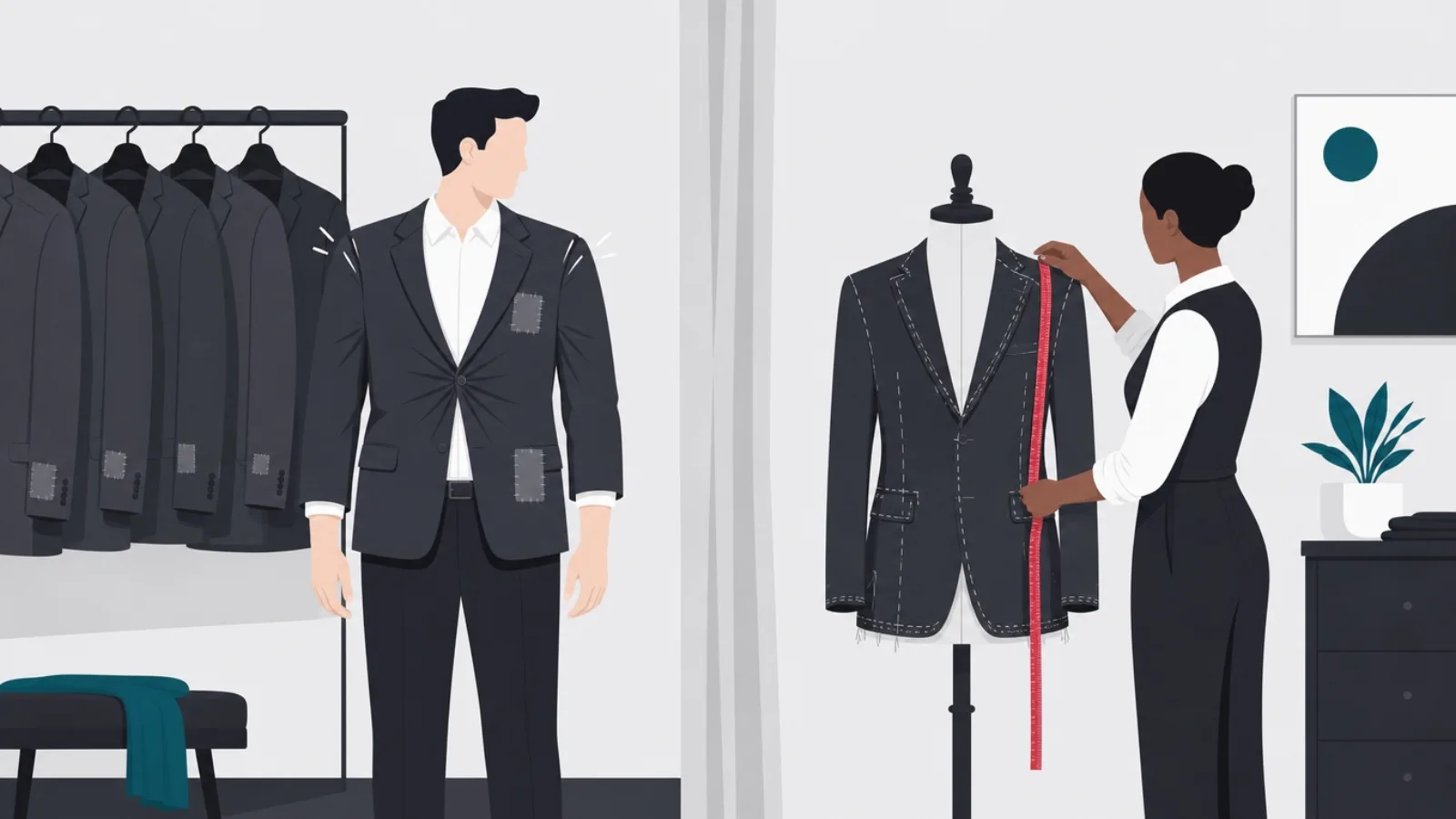 A figure in a badly fitting patched jacket beside a tailor fitting a chalk-marked custom jacket on a mannequin
