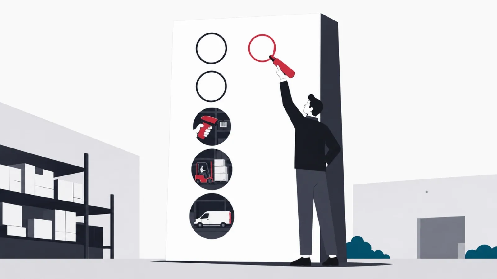 A monumental checklist board with warehouse scenes inside its filled circles and an evaluator filling the next circle