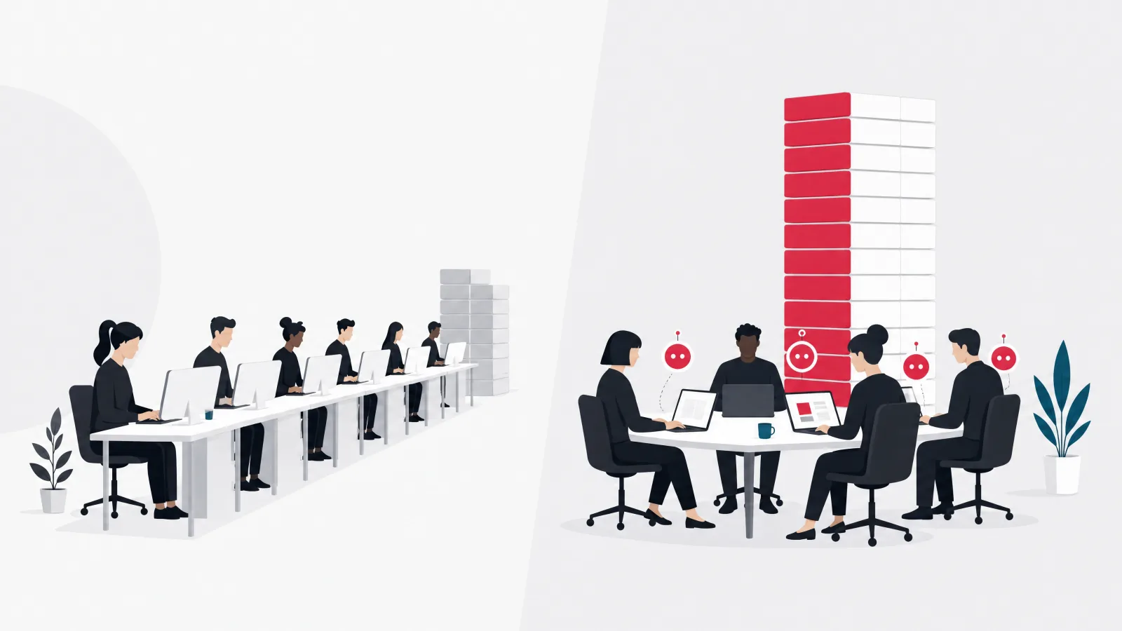 A long row of figures at identical desks beside a small group at one table with assistant orbs and a taller stack of completed blocks