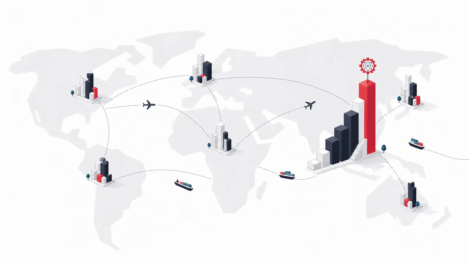An abstract world map with several small tower-cluster hubs and one Southeast Asian hub drawn as a rising staircase of towers