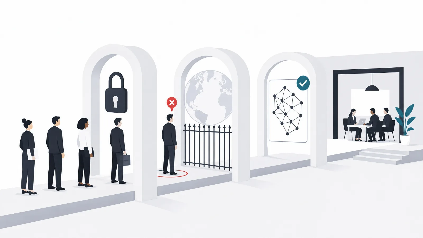 A corridor with a padlock gate, a fenced-globe gate and a framed neural-mesh gate before a meeting room, with vendor figures approaching and one stopped
