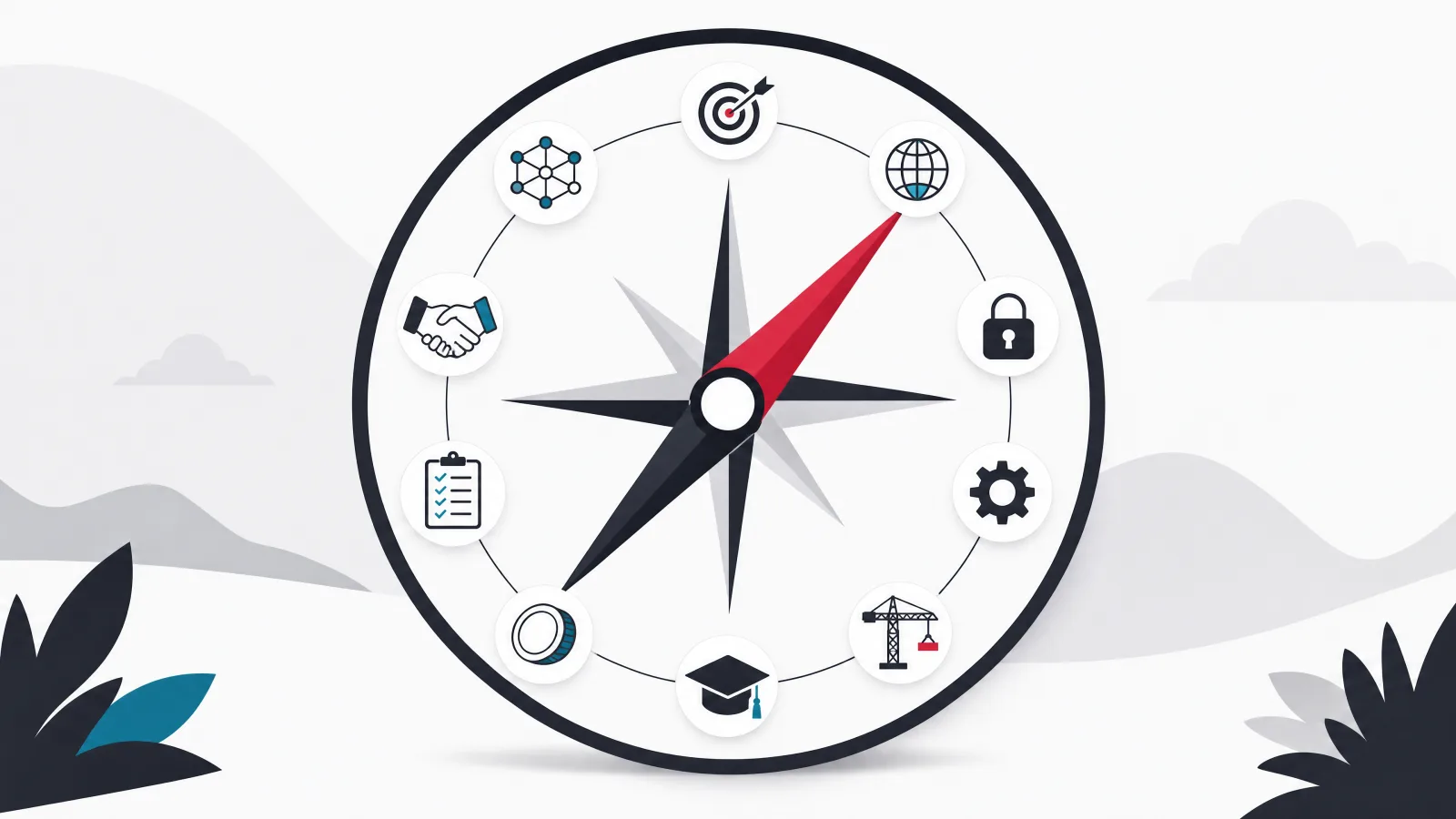 A compass rose with its needle pointing one way and ten small icons spaced around the rim
