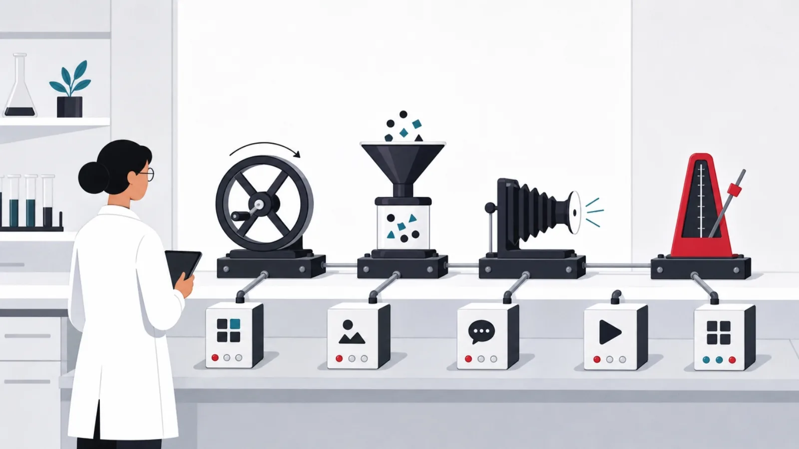A figure testing small app machines against four bolted bench instruments, a cycle wheel, funnel, bellows and metronome