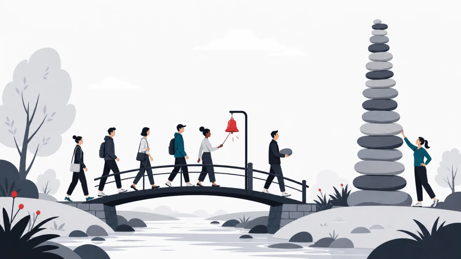 Figures crossing a short daily footbridge, each crossing ringing a bell and adding a stone to a tall accumulated tower