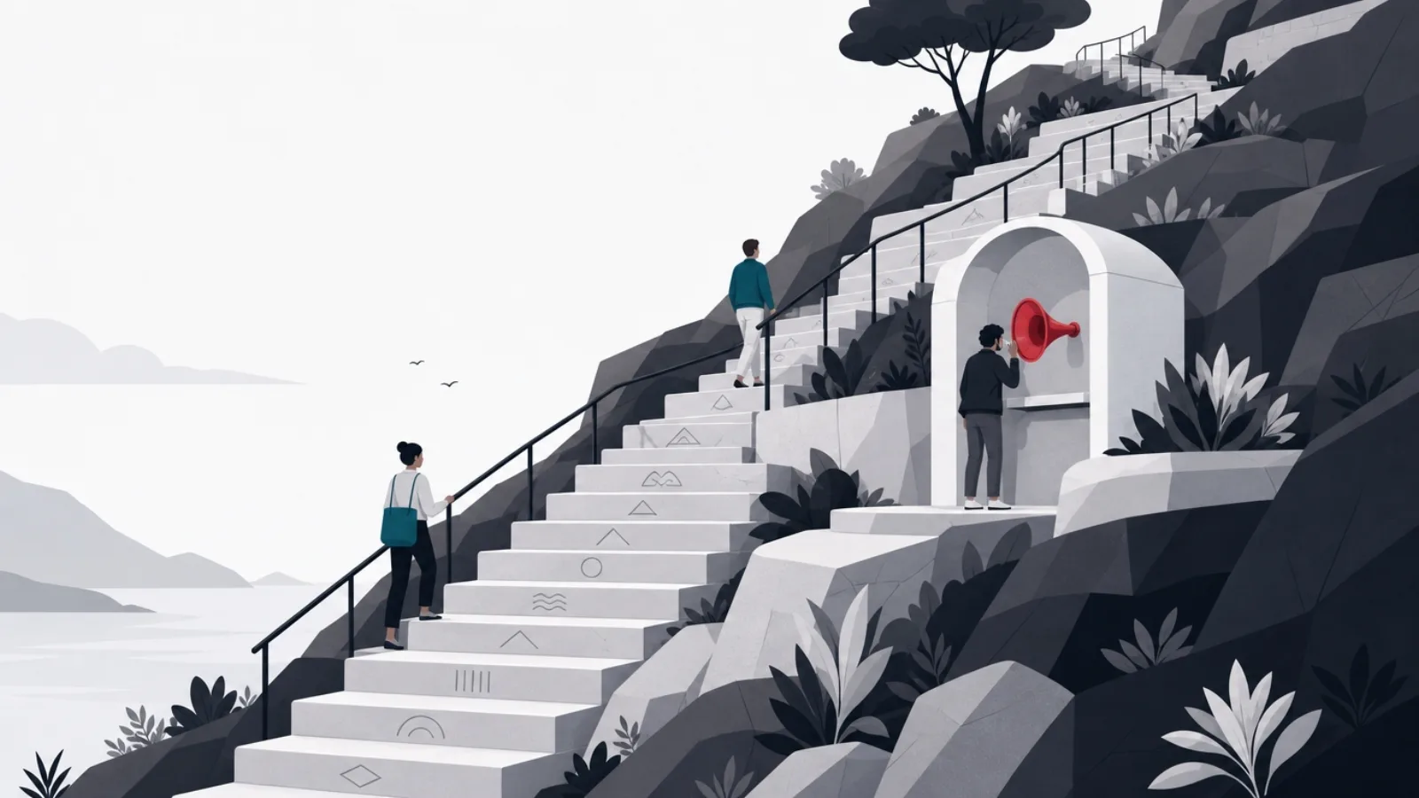 Figures climbing an evenly cut stone staircase with rhythm handrails and a listening alcove at a landing