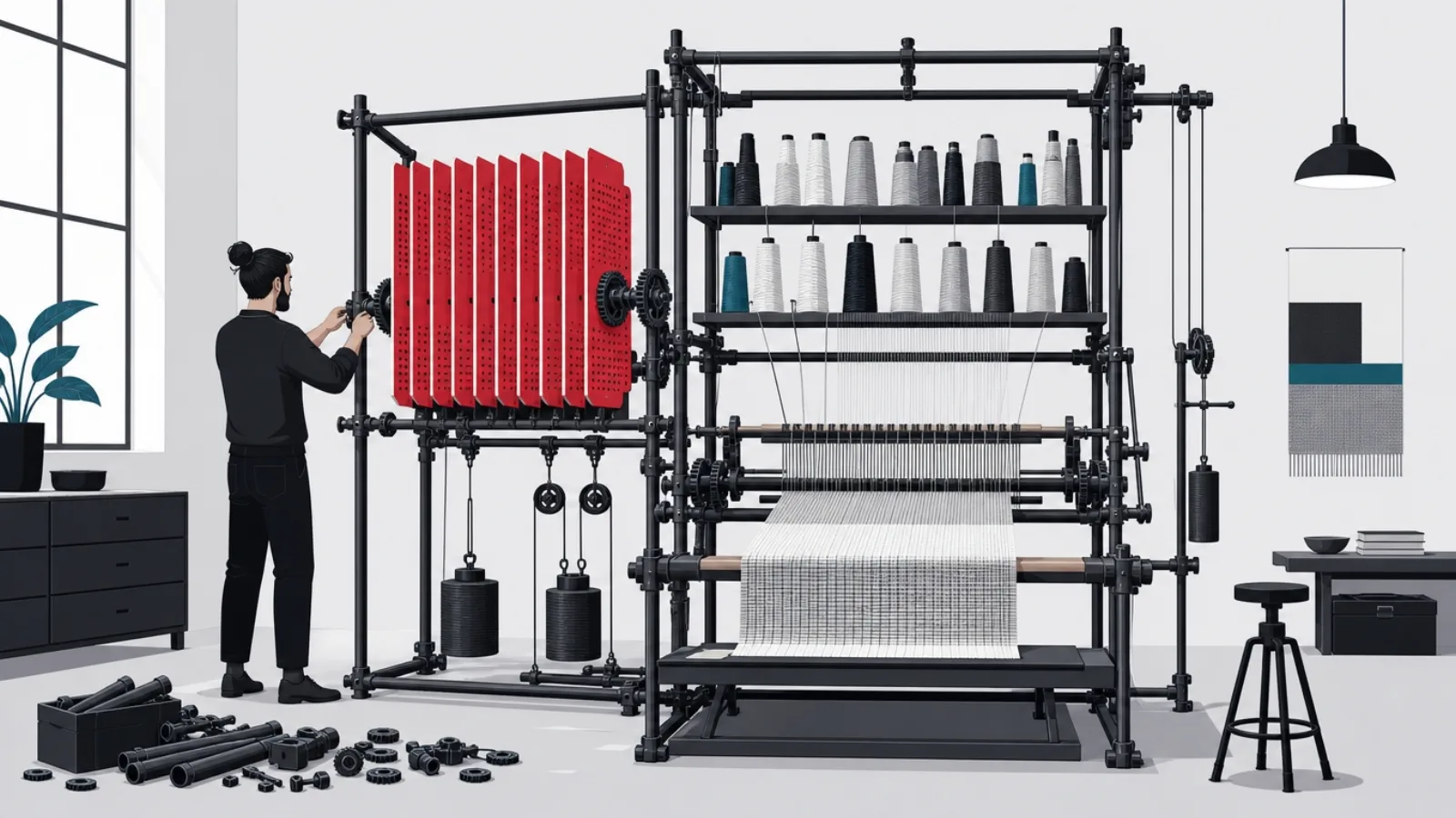 A figure operating a self-built scaffolding rig of rotating card racks, reading spools and a personal loom in a workshop loft