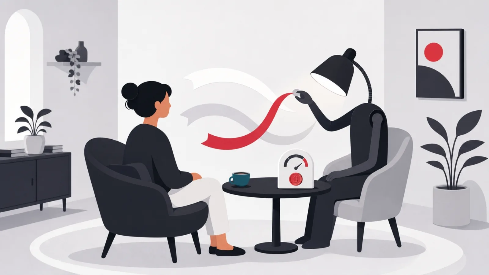 A learner exchanging ribbon-arc speech with a patient lamp-like companion that gently corrects one ribbon's curve