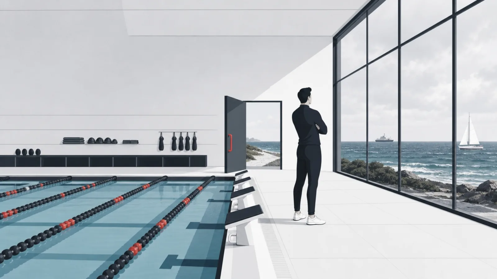 A confident figure at the edge of a mastered training pool beside a window showing the real open sea and a door to the shore