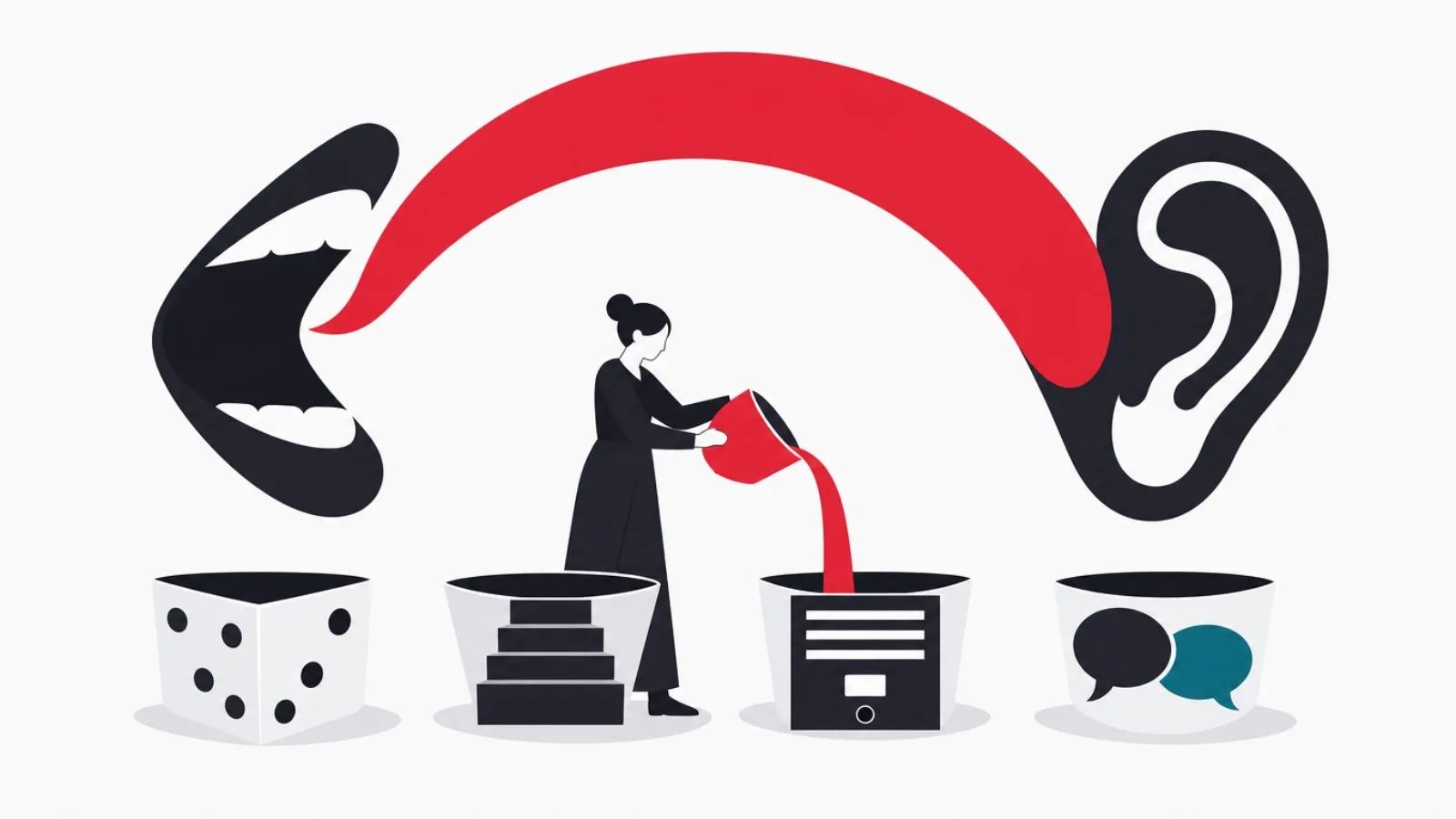 A figure pouring from one of four distinct vessels beneath an abstract speech arch, choosing the vessel matching their silhouette