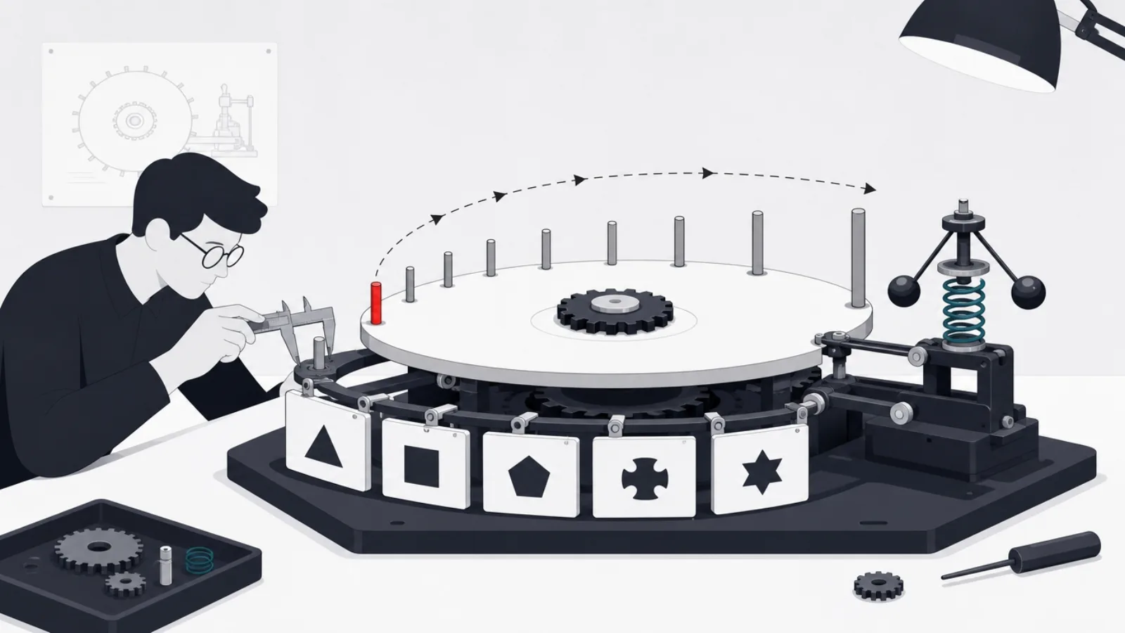 A clockwork scheduling wheel with widening interval pegs driving a carousel of puzzle-shaped exercise cards