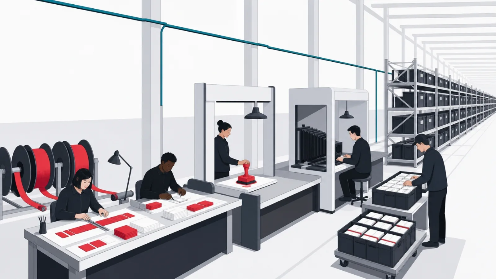 A production hall where ribbon spools pass through cutting, review, recording and packing stations into deep shelves of card crates