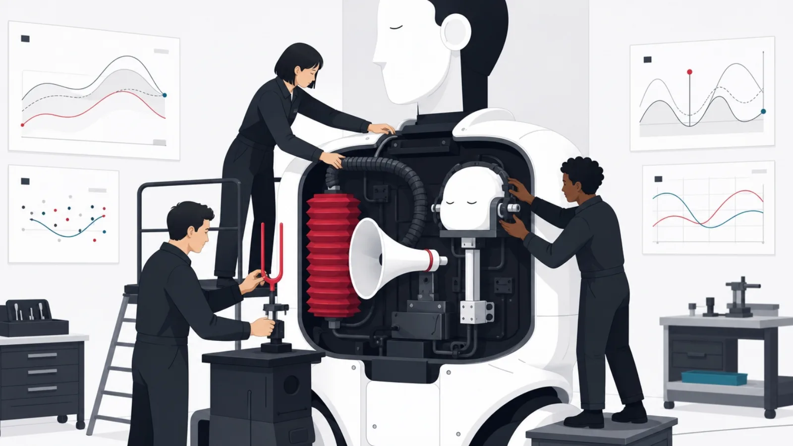 Engineers fitting a bellows-and-horn speech assembly and a lamp-like tutor head into an open app machine, calibrating against a tuning fork