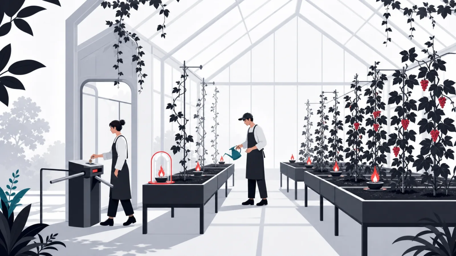A keeper tending lantern flames that keep vines alive in a greenhouse with a coin turnstile and premium growing beds
