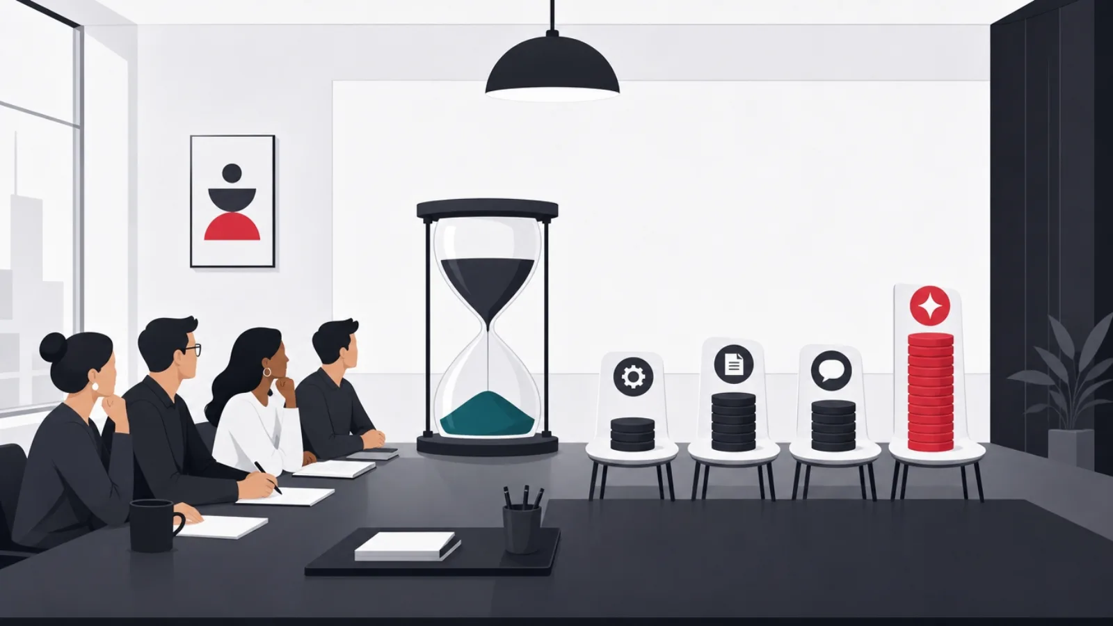 A planning table with a phased hourglass and coin columns of different heights beside icon-marked chairs for each workstream