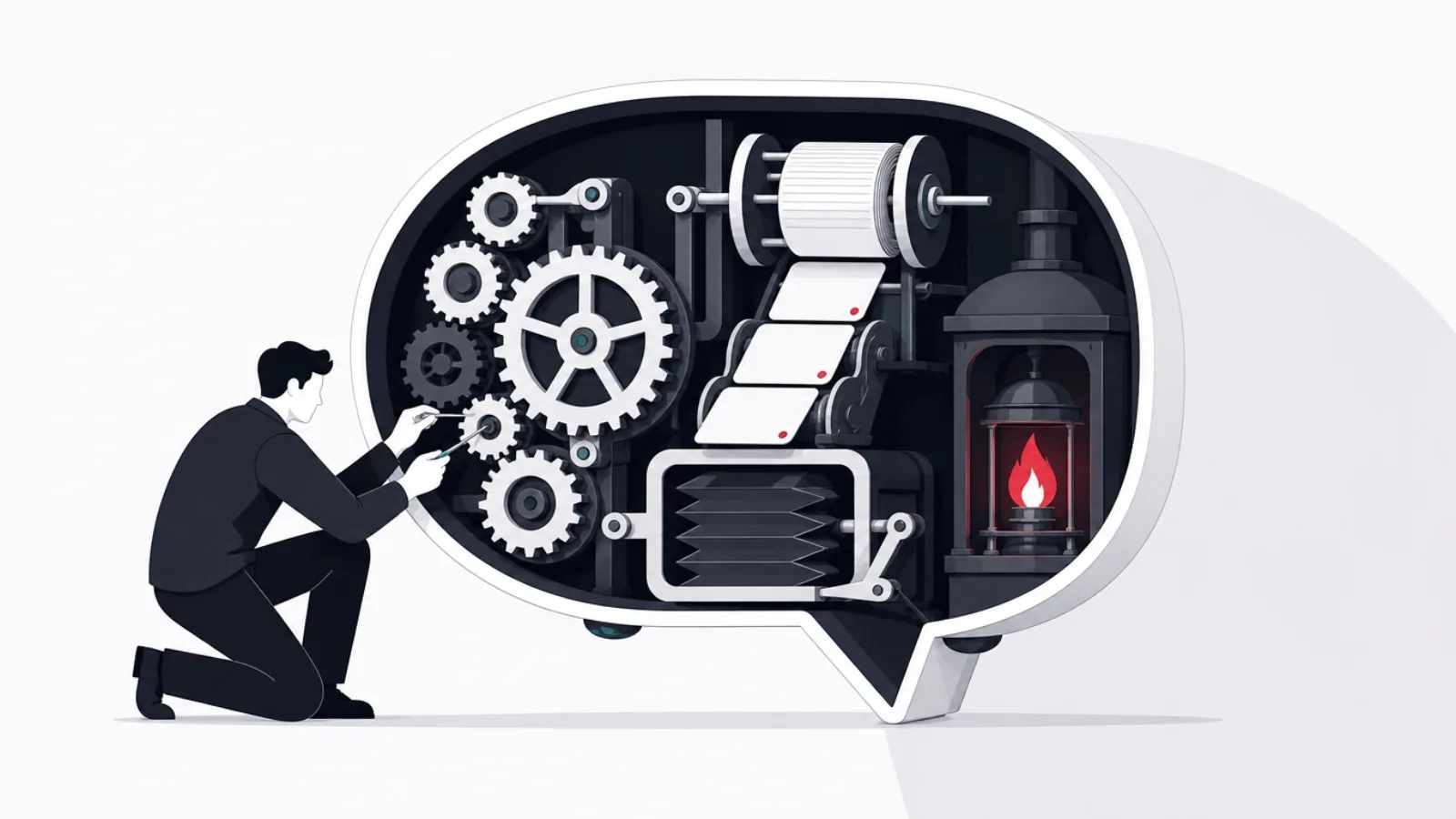 A cutaway speech-bubble machine with gear trains, a content spool, a bellows and a small lantern flame, adjusted by an engineer