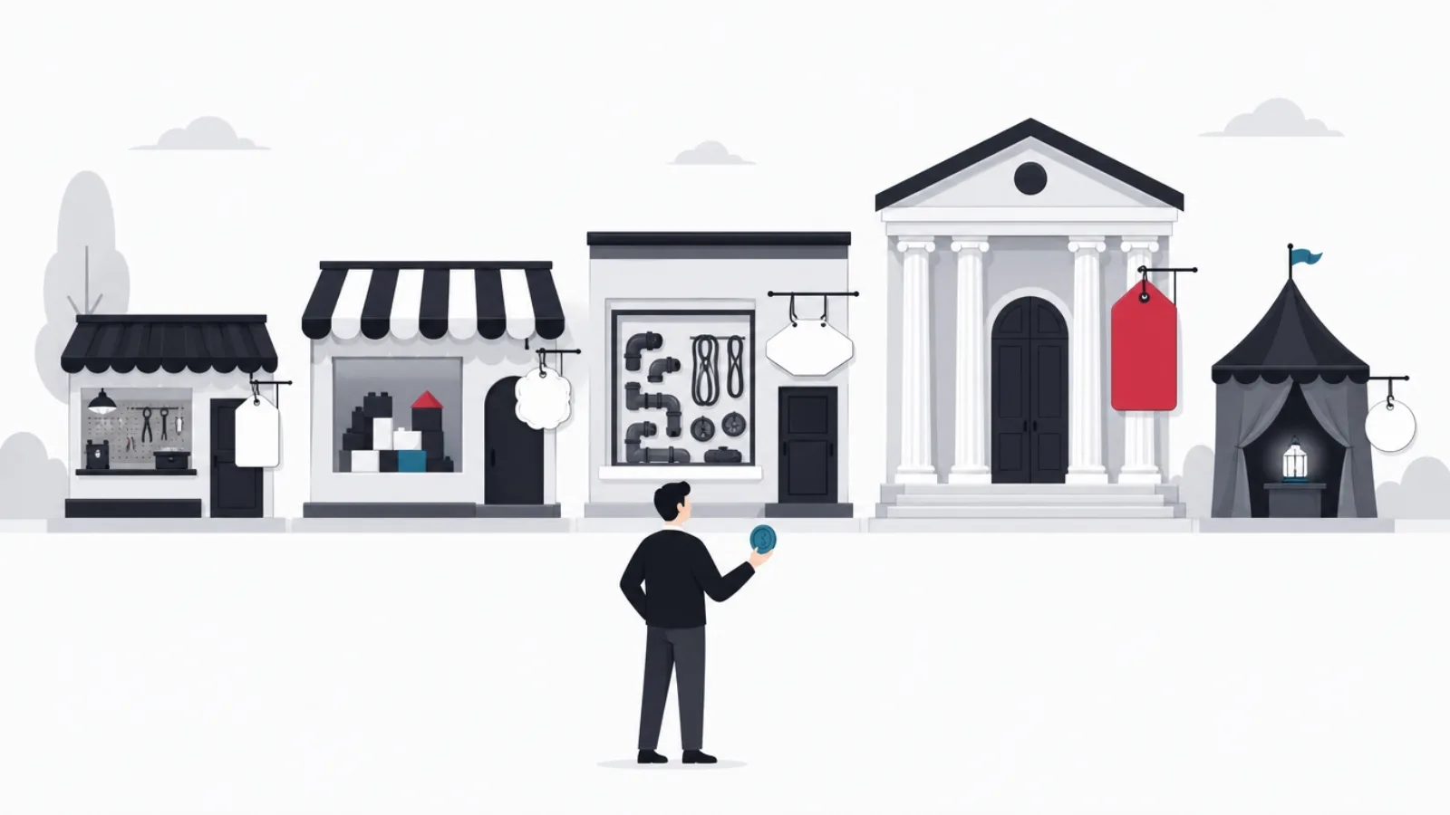 A figure with one coin facing five different shop fronts from kiosk to columned hall, each with a different blank price tag