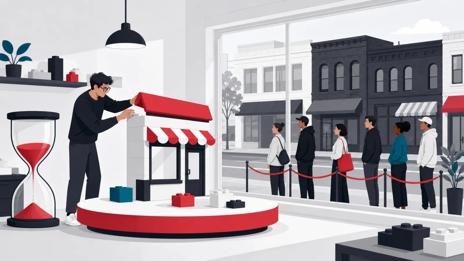 A founder assembling a block-built storefront on a turntable while early customers queue outside the window