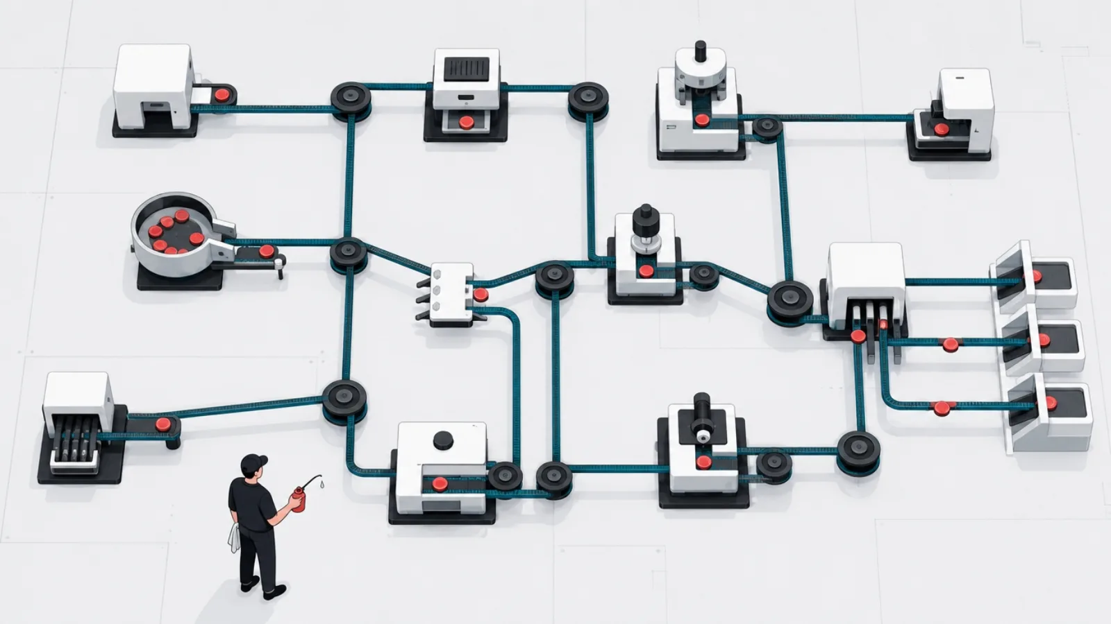 An overhead workshop where belts and pulleys carry a token automatically between a dozen machine stations