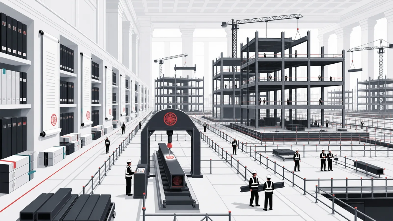 Teams building multi-story structures from standardized girders inside a columned hall lined with guardrails and inspector arches