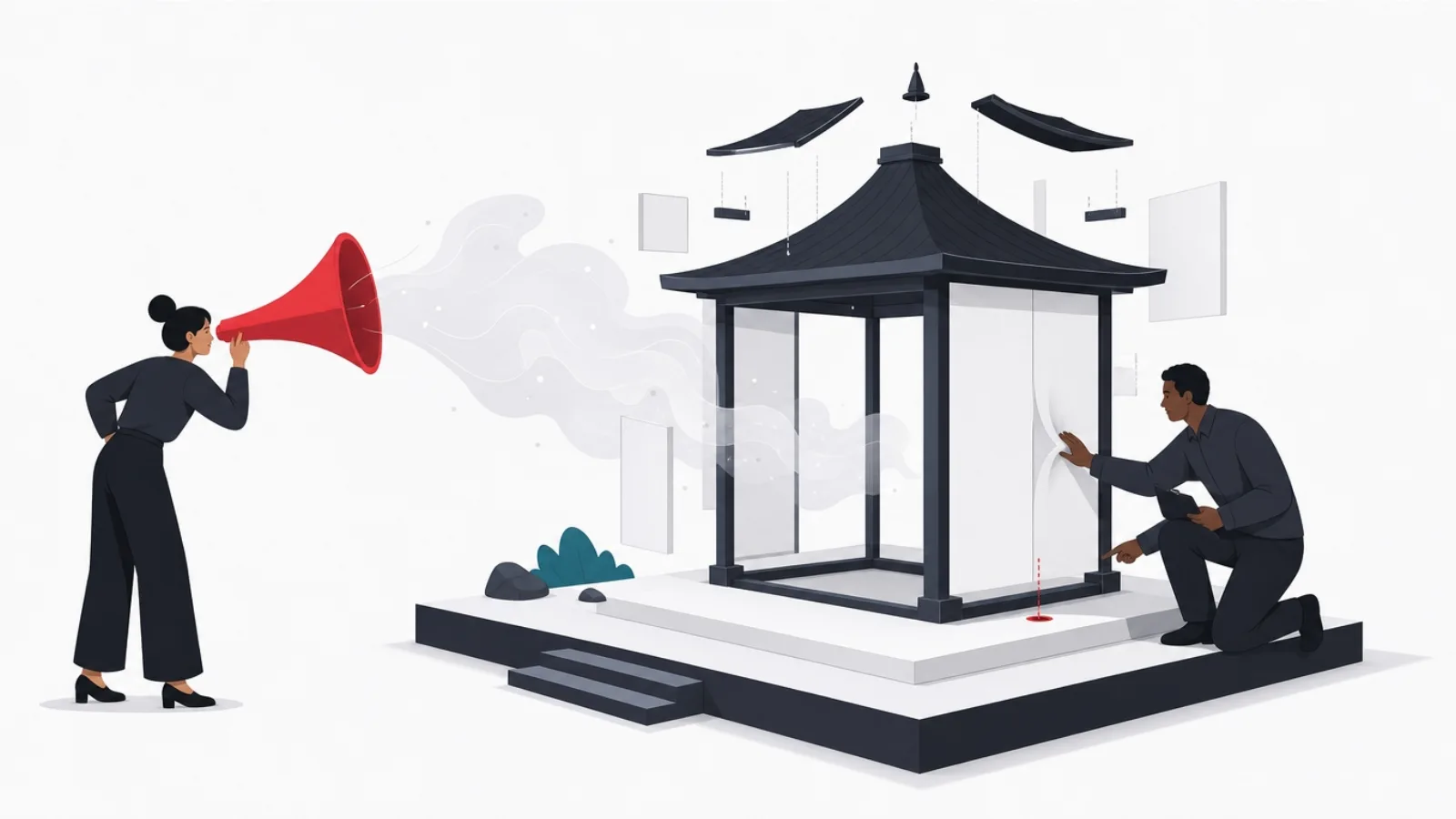 A pavilion self-assembling from a spoken prompt while an inspector presses a flexing wall and points at missing anchor bolts