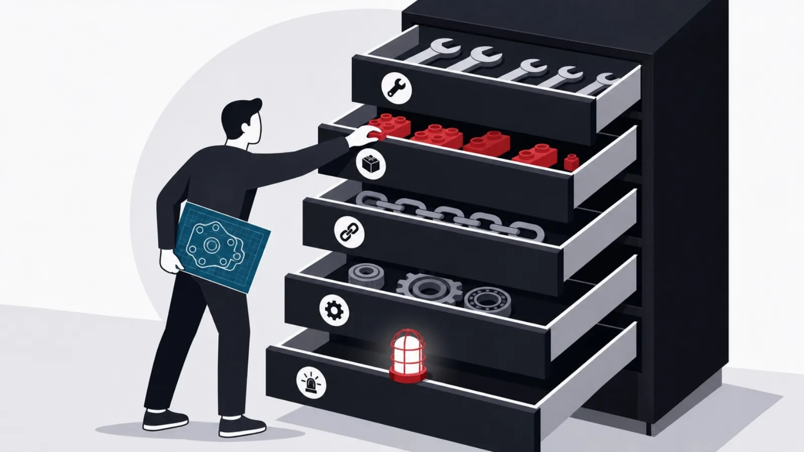 A figure with a blueprint reaching into one of five open tool drawers, each holding a different kind of instrument