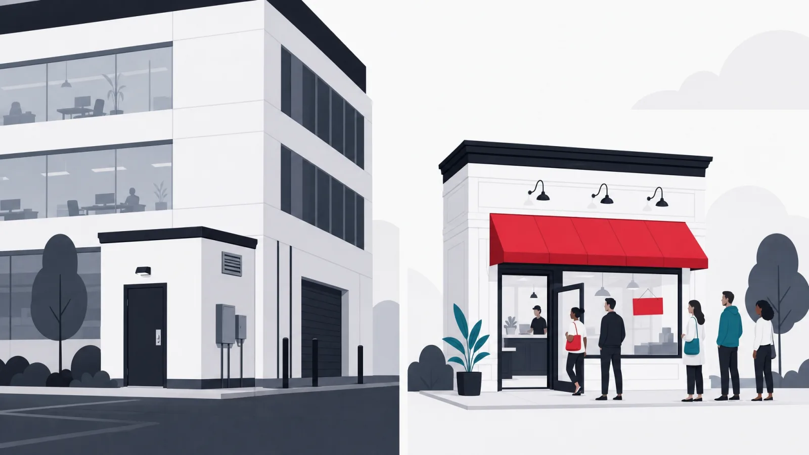 The same room shown once as a back-office utility and once as a customer-facing storefront